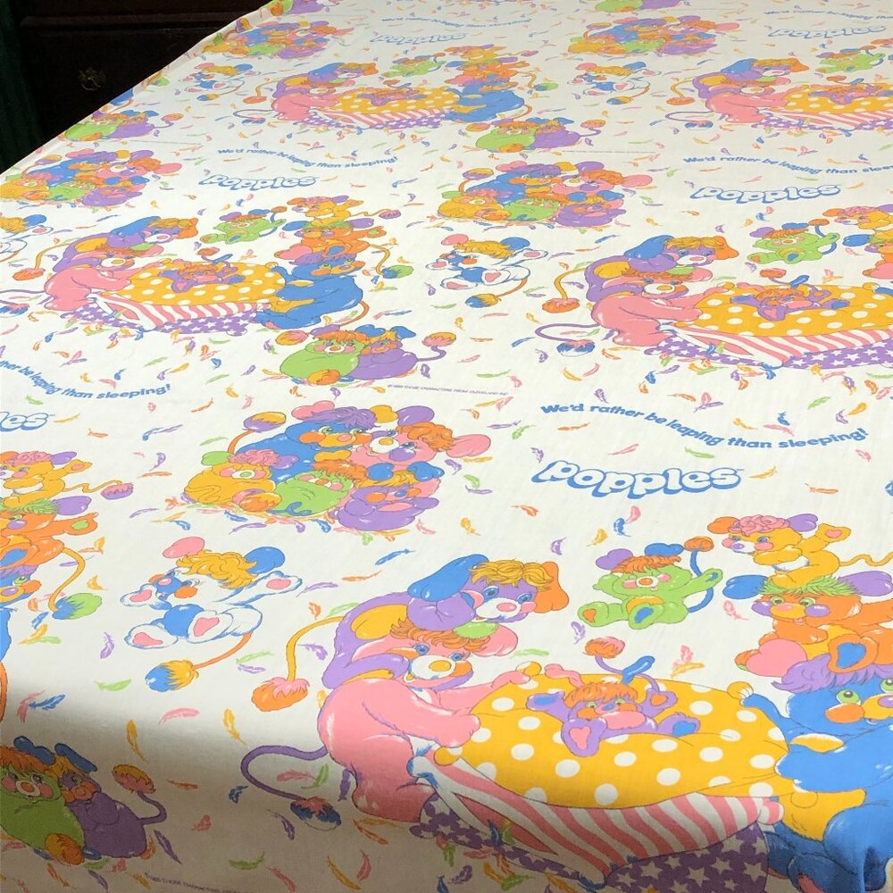 Vintage 1986 POPPLES Whimsical Plush Toy Party TWIN Bed Flat Top Sheet